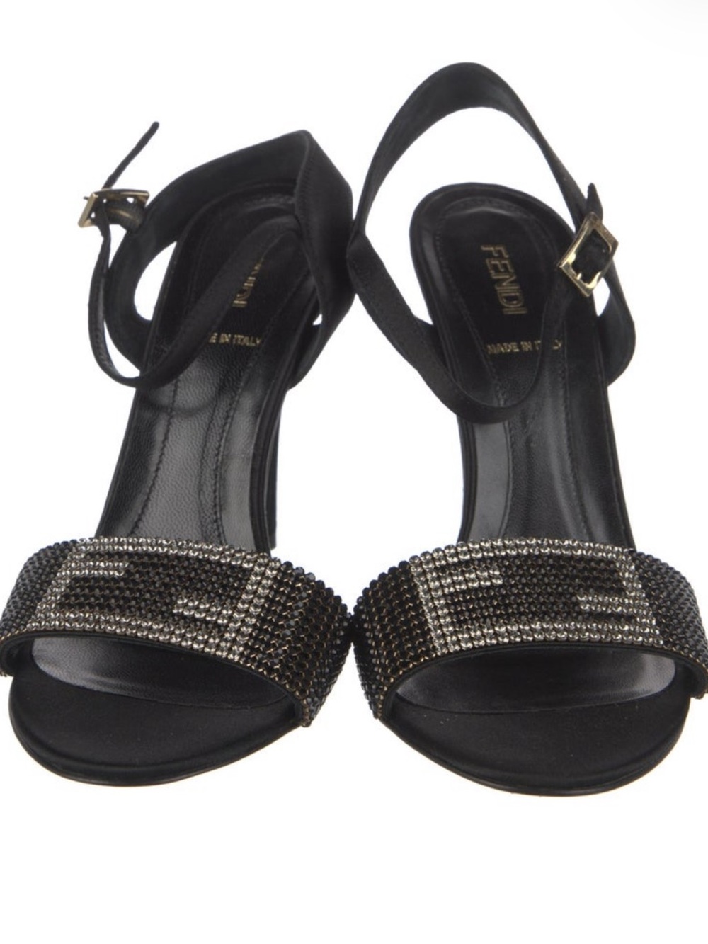 Fendi Black Crystal-Studded Open-Toe Slingback Heels
